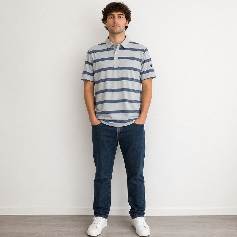 Callaway Opti-Dri Mens Golf Polo Shirt‎ Grey Blue Striped Short Sleeve Size M